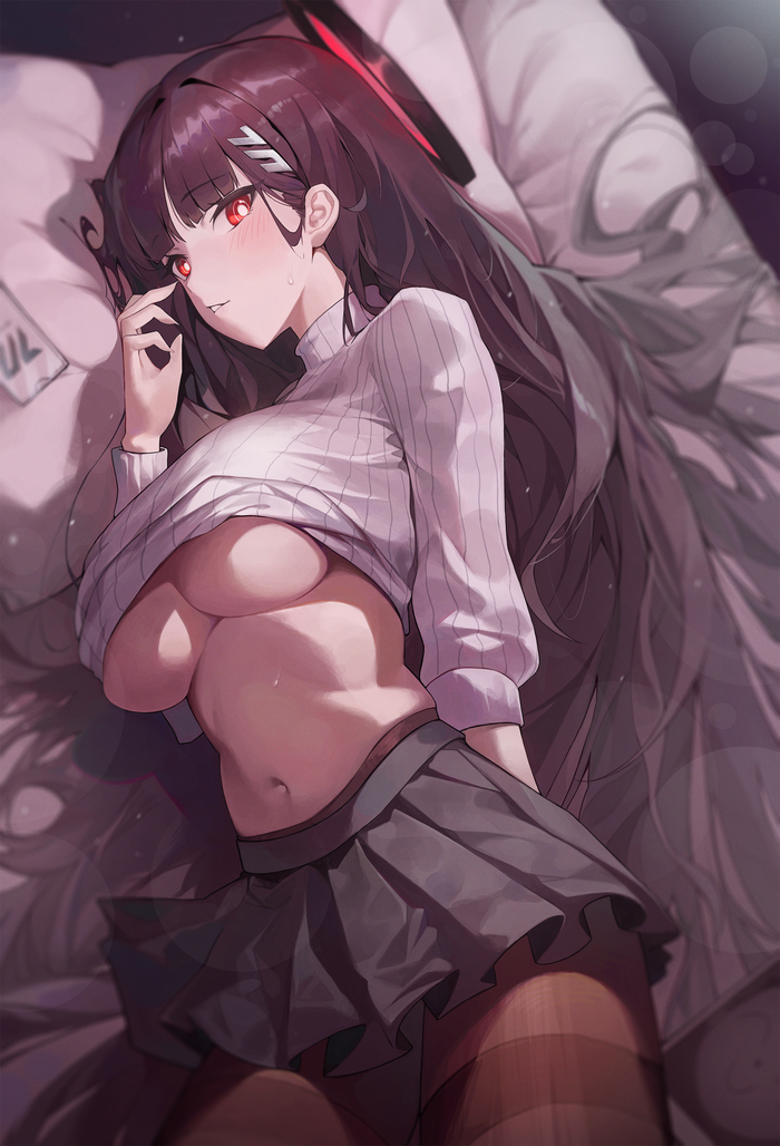 Tsukatsuki Rio - NSFW, Erotic, Art, Tsukatsuki Rio, Blue archive, Girls, Skirt, Tights, No bra, Pullover, Hand-drawn erotica, Anime art