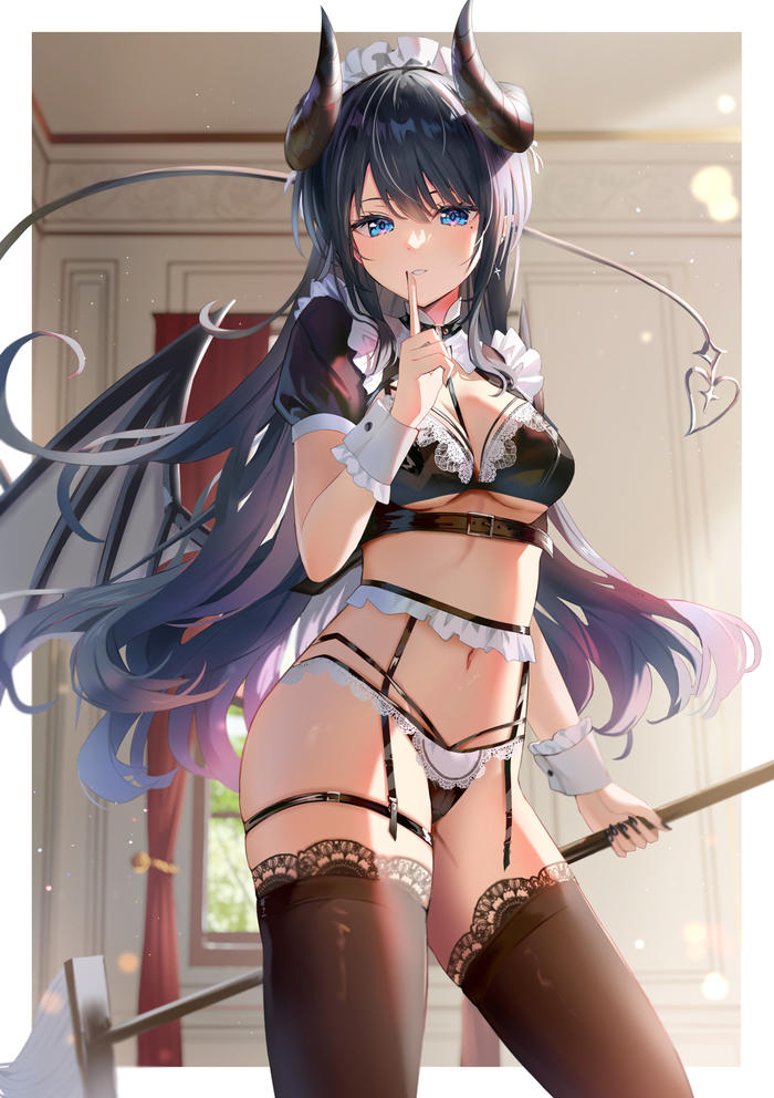 Demoness-maid - NSFW, Anime, Anime art, Art, Original character, Housemaid, Girl with Horns, Underwear, Pantsu, Stockings, Erotic, Hand-drawn erotica