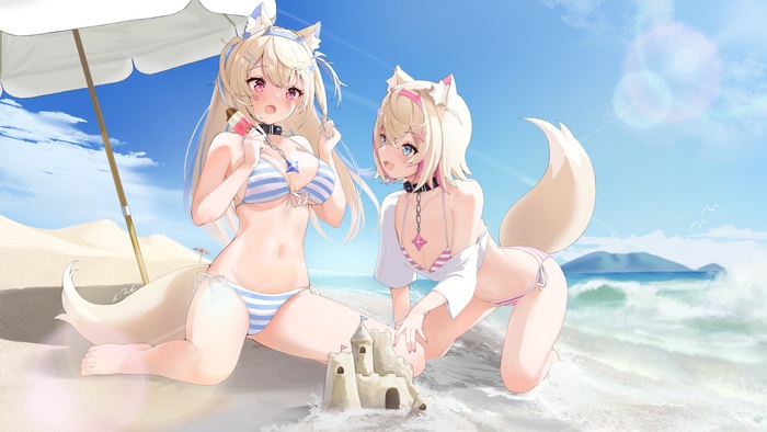 Twins on the beach - NSFW, Anime, Anime art, Art, Hololive, Virtual youtuber, Mococo Abyssgard, Animal ears, Tail, Swimsuit, Beach, Sea, Erotic, Hand-drawn erotica