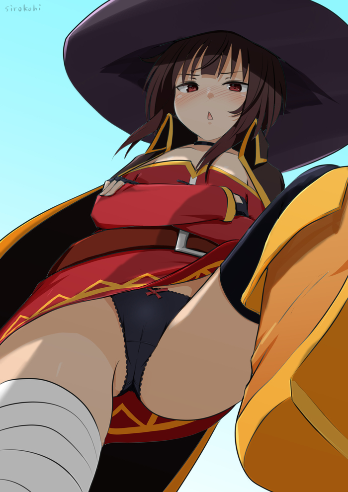 Where are you looking at this? - NSFW, Art, Anime, Anime art, Hand-drawn erotica, Erotic, Megumin, Pantsu, Longpost