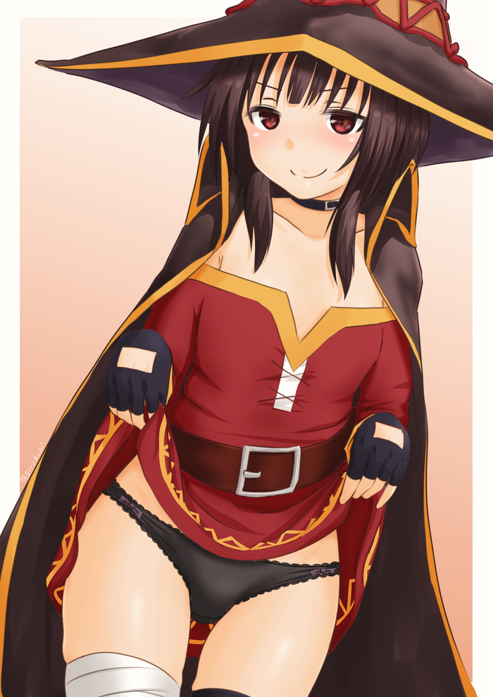 Where are you looking at this? - NSFW, Art, Anime, Anime art, Hand-drawn erotica, Erotic, Megumin, Pantsu, Longpost