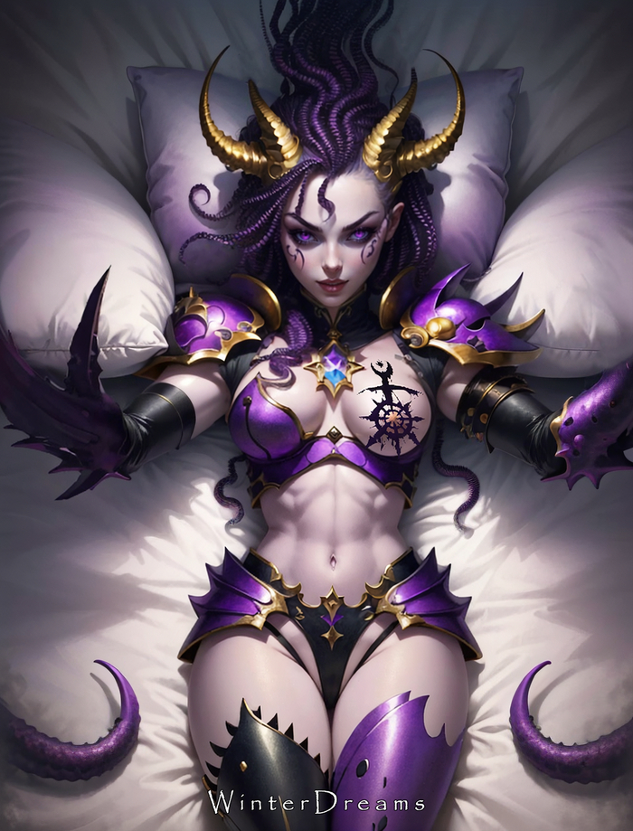 Come to me - NSFW, My, Erotic, Art, Hand-drawn erotica, Photoshop, Warhammer 40k, Warhammer, Slaanesh, Demonetka, Succubus, Neural network art, Girls, Colorful hair, Boobs, Wh Art