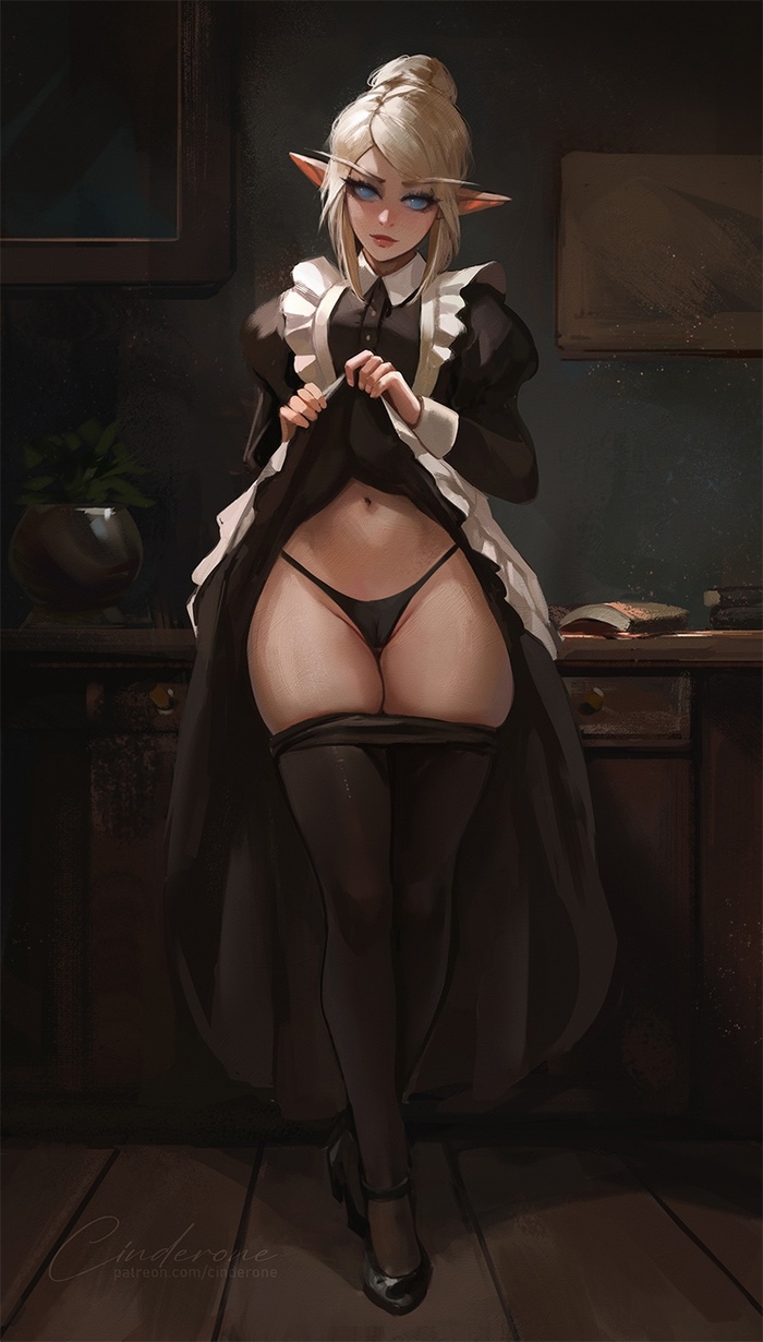 Elf maid - NSFW, Art, Drawing, Fantasy, Original character, Elves, Erotic, Hand-drawn erotica, Underwear, Tights, Upskirt, Cameltoe