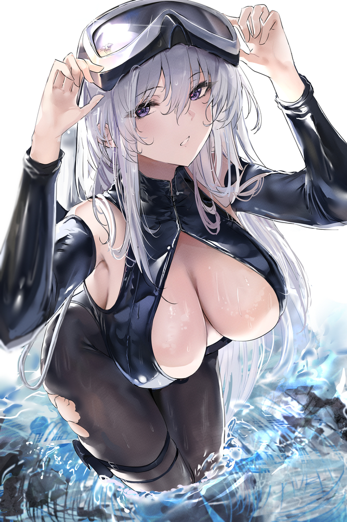 Enterprise - NSFW, Эротика, Арт, Enterprise (Azur Lane), Azur Lane, Сиськи, Купальник, Вода, Мокрая, Рисованная эротика, Game Art, Очки для плавания, Колготки