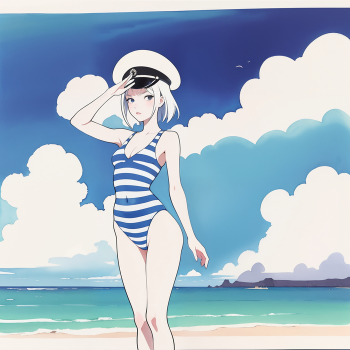 Captain - NSFW, My, Neural network art, Нейронные сети, Girls, Stable diffusion, Anime art, Original character, Boobs, Cap, Sea, Sky, Summer, Swimsuit, Longpost