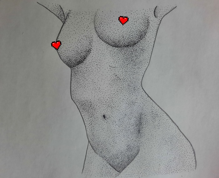 Girl - NSFW, Моё, Девушки, Тело, Рисунок, Точка, Dotwork, Начинающий художник, Рисунок ручкой, Линер, Графика, Рисование, Искусство, Сиськи, Арт, Видео, Вертикальное видео