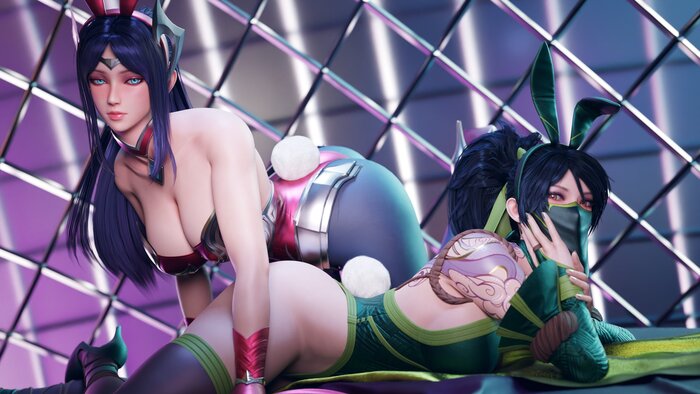 Irelia & Akali - NSFW, Erotic, Art, Irelia, Akali, League of legends, Girls, 3D, Stockings, Tights, Boobs, Tattoo