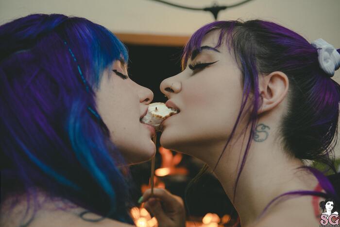 Mimo, Saria - S’More toasted feeling - NSFW, Girls, Erotic, Boobs, Booty, Without underwear, Topless, Strip, Colorful hair, Fireplace, Lesbian, Girl with tattoo, Hips, Suicide girls, Longpost, Topless, No bra