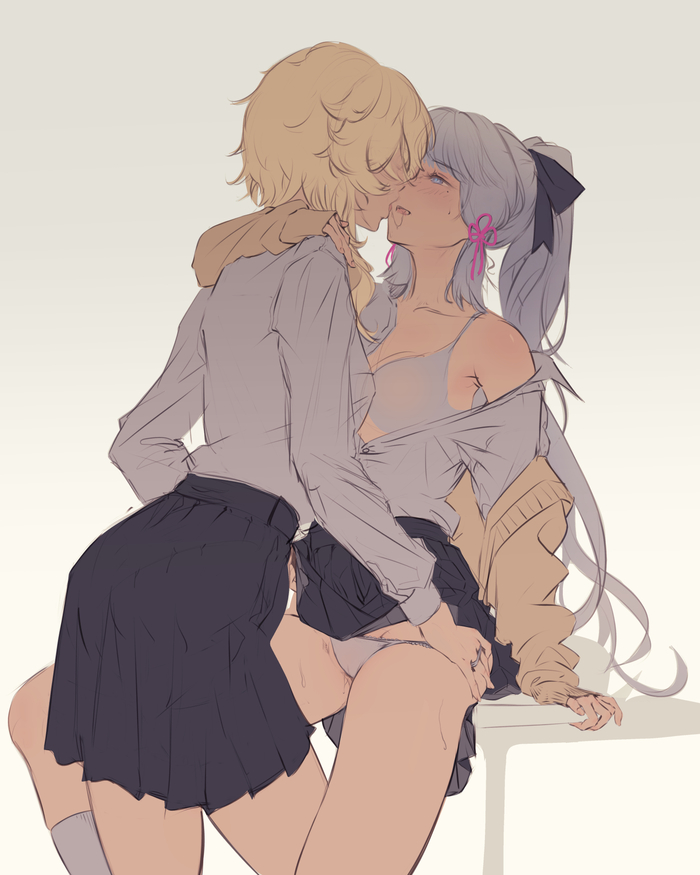 Ayaka and Lumin - NSFW, Anime art, Anime, Yuri, Genshin impact, Kamisato Ayaka, Underwear, Lumine