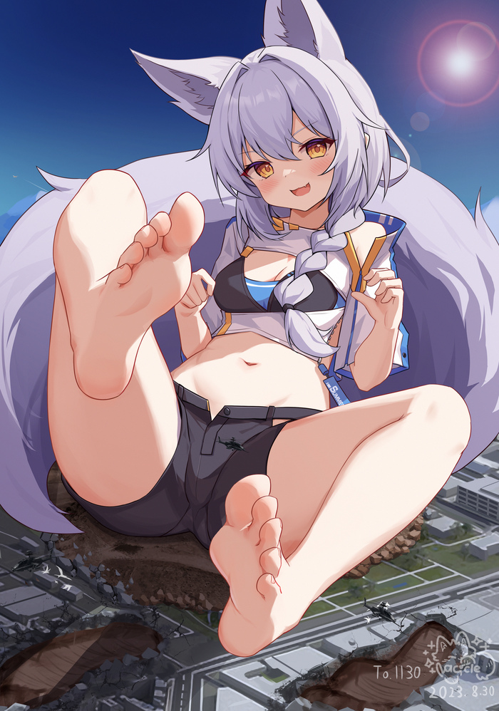 She-wolf - NSFW, Arknights, Provence (Arknights), Anime art, Tights, Town, Animal ears, Giantess, Longpost