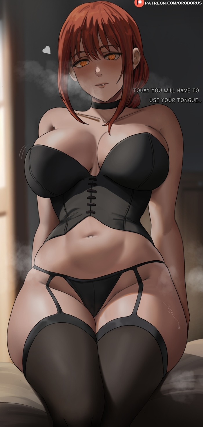 Today you will have to use your language... - NSFW, Anime, Anime art, Art, Chainsaw man, Makima, Extra thicc, Boobs, Underwear, Pantsu, Stockings, Corset, Thighs, Choker, Erotic, Hand-drawn erotica, Longpost