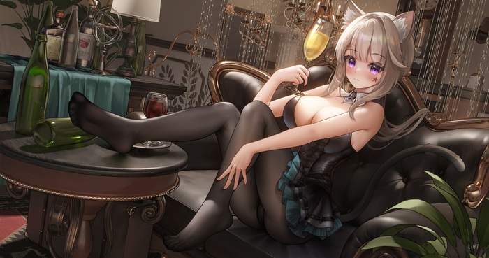 Lynette - NSFW, Erotic, Art, Lynette, Genshin impact, Animal ears, Boobs, Tights, Pantsu, No bra, Hand-drawn erotica, Game art, Anime art, Foot fetish