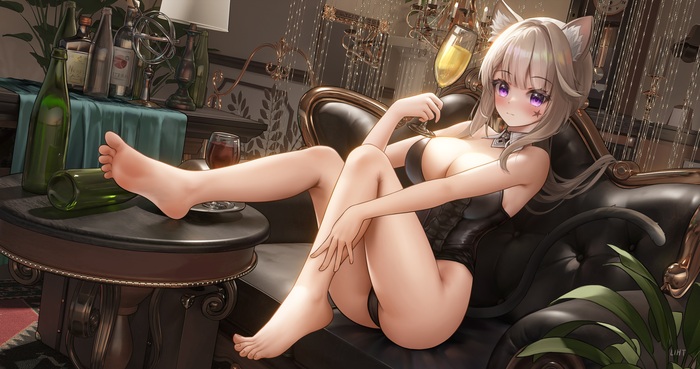 Lynette - NSFW, Erotic, Art, Lynette, Genshin impact, Animal ears, Boobs, Tights, Pantsu, No bra, Hand-drawn erotica, Game art, Anime art, Foot fetish