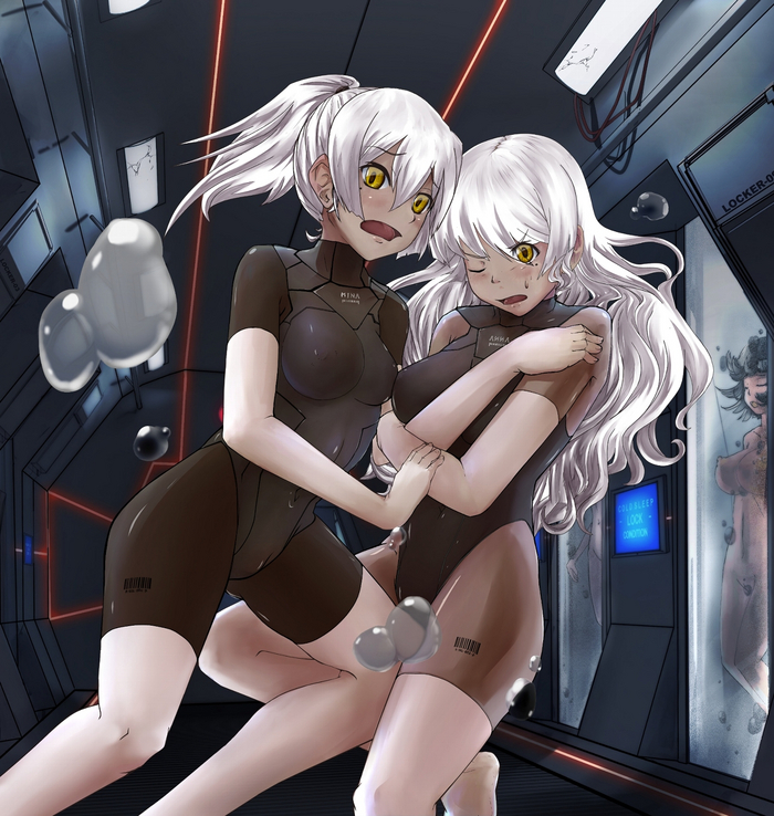 Space lesbian sisters from sino (dark-rose) - NSFW, Anime, Anime art, Hand-drawn erotica, Yuri, Boobs, Nipples, Hips, Pubes, Long hair, Twins, Weightlessness