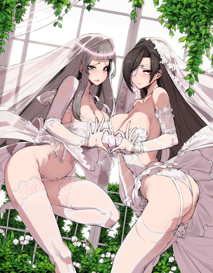 Jaina Kropel and Lee Sooyeon in wedding clothes by deliciousmeatart - NSFW, Anime, Anime art, Hand-drawn erotica, Counter Side, Stockings, Pantsu, Hips, Booty, Eye patch, Veil, Long hair