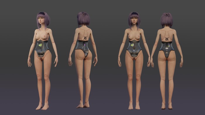 Skelly. 3d modeling - NSFW, My, Erotic, Boobs, Nudity, Stockings, 3D, Original character, Blender, Colorful hair, 3D graphics, Characters (edit), Concept, Asian, cyber girl, Cyberpunk, Longpost, Naked, 3D modeling