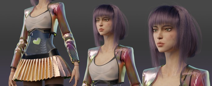 Skelly. 3d modeling - NSFW, My, Erotic, Boobs, Nudity, Stockings, 3D, Original character, Blender, Colorful hair, 3D graphics, Characters (edit), Concept, Asian, cyber girl, Cyberpunk, Longpost, Naked, 3D modeling