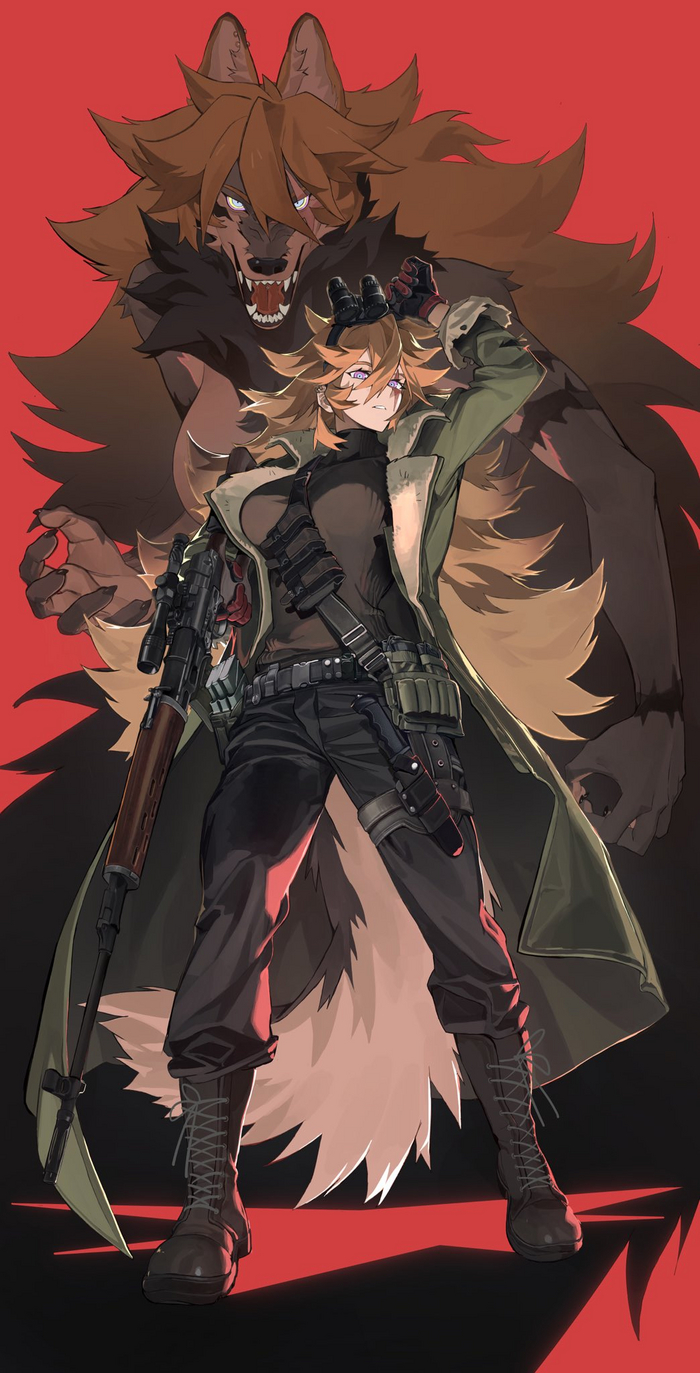Werewolf Warrior by knifedragon - NSFW, Anime, Anime art, Furry, Hand-drawn erotica, Original character, Boobs, Military, Sniper rifle, Long hair, Twitter (link), Werewolves, Animal ears