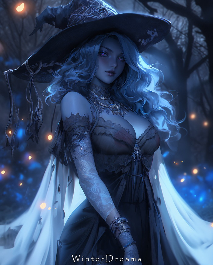 Witch - NSFW, My, Art, Erotic, Hand-drawn erotica, Photoshop, Girls, Nipples, Fantasy, Colorful hair, Neural network art, Neckline, Witches, Halloween, Choker, Stable diffusion