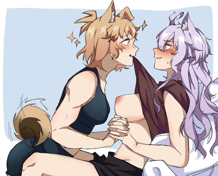 Hibiki & Chris - NSFW, Anime Art, Аниме, Yuri, Senki zesshou symphogear, Yukine chris, Animal Ears, Сиськи, Хвост, Twitter (ссылка), Tachibana hibiki